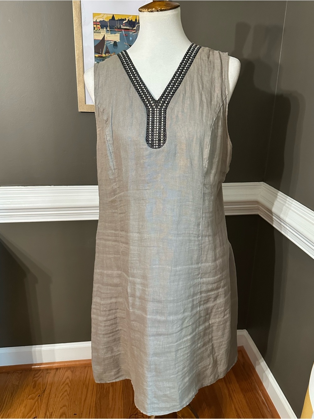 Lina Tomei gray Italian linen dress with beaded V-neckline, size L.